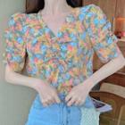 Short-sleeve Floral Print Blouse Pink & Blue - One Size
