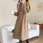 Band-waist Dress With Faux-fur Scarf Beige - One Size