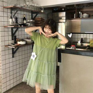 Round-neck Short-sleeve Mesh Panel Dress