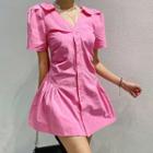 Short-sleeve V-neck Plain Ruched Shirtdress