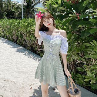 Elbow-sleeve Cold Shoulder Plaid Swimdress