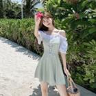 Elbow-sleeve Cold Shoulder Plaid Swimdress