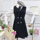Set: Bow Accent Shirt + V-neck Mini Pinafore Dress Black - One Size