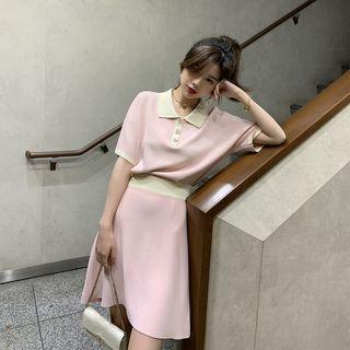 V-neck Short-sleeve A-line Dress / Color Block Short-sleeve Polo Shirt / A-line Skirt