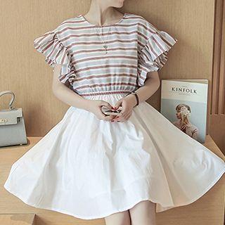 Short-sleeve Striped Panel A-line Dress