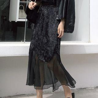 Mesh Panel Midi A-line Velvet Skirt