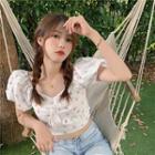 Puff-sleeve Floral Print V-neck Crop Top White - One Size