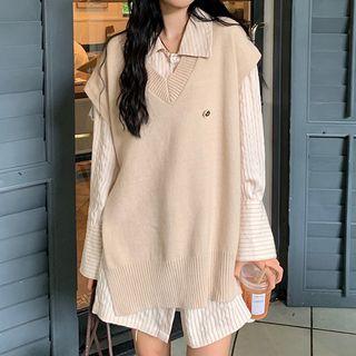 V-neck Knit Vest / Striped Shirtdress