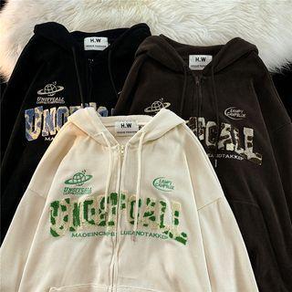 Letter Embroidered Ribbed Zip Hoodie