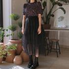 Mesh-overlay Long Tiered Skirt Black - One Size