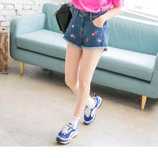 Flower Embroidered Frayed Denim Shorts