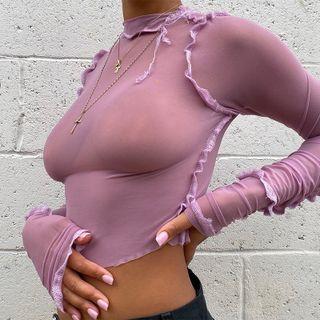Long-sleeve Mesh Seam-trim Top