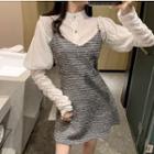Shirred-sleeve Ruffled Blouse / Glitter Fringed A-line A-line Pinafore Dress