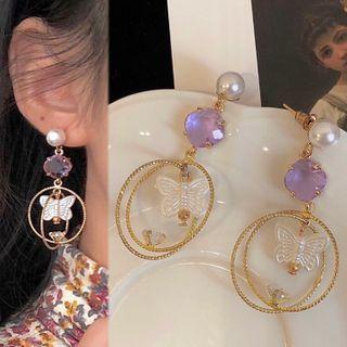 Butterfly Faux Pearl Dangle Earring 1 Pair - 0962a - Purple & Gold & White - One Size