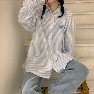 Striped Butterfly Embroidered Shirt White - One Size