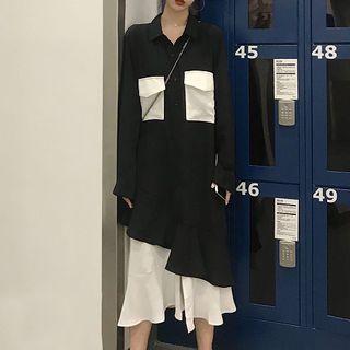 Mock Two-piece Long-sleeve Midi Shirt Dress