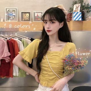 Short-sleeve Frill Trim Ruched Cropped Knit Top