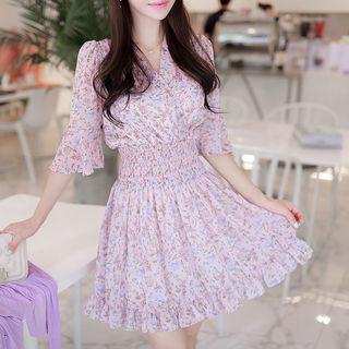 Wrap-front Frilled Floral Chiffon Dress