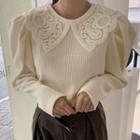 Long-sleeve Lace Collar Corduroy Top Almond - One Size