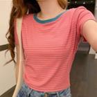 Contrast Trim Striped Short-sleeve Cropped T-shirt