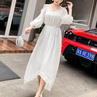 Lace Trim Off-shoulder 3/4-sleeve Midi Dress