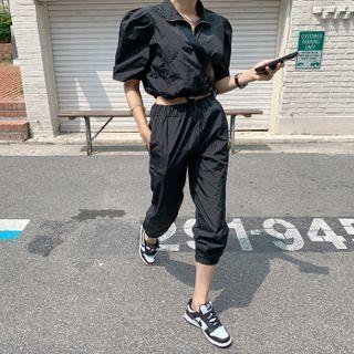 Sports Set: Puff-sleeve Crop Top + Jogger Pants