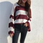 Bell-sleeve Loose-fit Crewneck Striped Knit Sweater