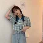 Puff-sleeve Collared Plaid Blouse Blue - One Size