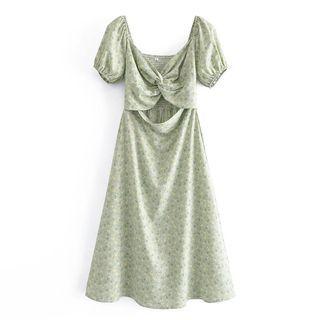 Puff-sleeve Cut-out Floral Midi A-line Dress