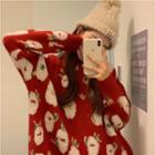 Long-sleeve Christmas Print Sweater Red - One Size