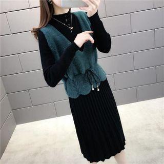 Set: Mock-neck Knit Midi Dress + Sweater Vest