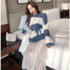 Loose-fit Colorblock Knit Sweater / Layered Midi Skirt