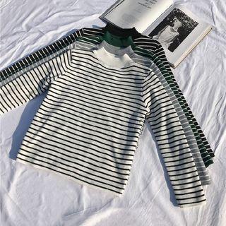 Fleece-lined Mock-neck Striped Knit Pullover
