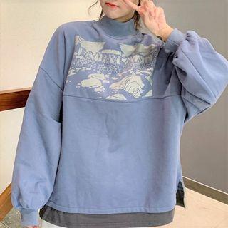 Mock Two Piece Mock-neck Long-sleeve Printed Sweatshirt