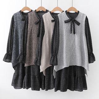 Set: Plaid Long-sleeve A-line Dress + Cable-knit Vest