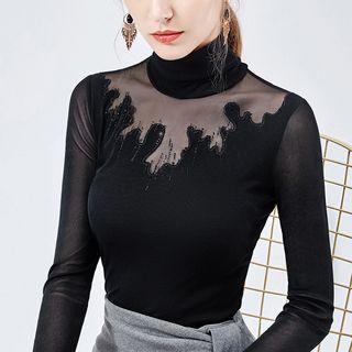 Long-sleeve Turtle-neck Mesh Panel T-shirt