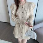 Collared Cable Knit Cardigan With Belt Beige - One Size