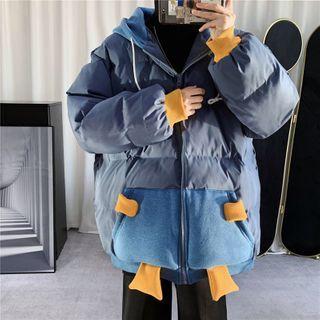 Color Block Cartoon Hooded Padded Jacket