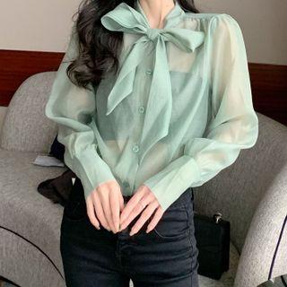 Long-sleeve Bow-neck Chiffon Blouse