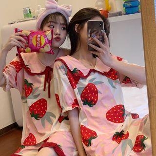 Printed Strawberry Bow Top / High-waist Wide Leg Shorts