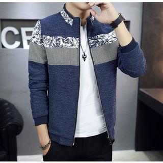 Printed Panel Stand Collar Zip Jacket