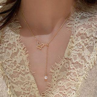 Butterfly Rhinestone Faux Pearl Pendant Alloy Y Necklace Gold - One Size