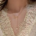 Butterfly Rhinestone Faux Pearl Pendant Alloy Y Necklace Gold - One Size