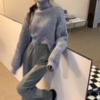 Turtleneck Asymmetrical Cropped Sweater / Front-slit Bootcut Pants