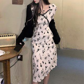 V-neck Lace Trim Floral Dress