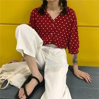 Polka Dot V-neck Elbow-sleeve Blouse
