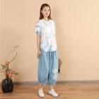 Short-sleeve Indigo Dyed T-shirt Blue & White - One Size