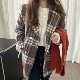 Color Block Plaid Woolen Blazer Blue & Red & White - One Size