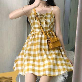 Gingham Spaghetti Strap A-line Dress Dress - Yellow - One Size