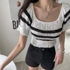Two-way Perforated Stripe Knit Crop Top Ivory - One Size
